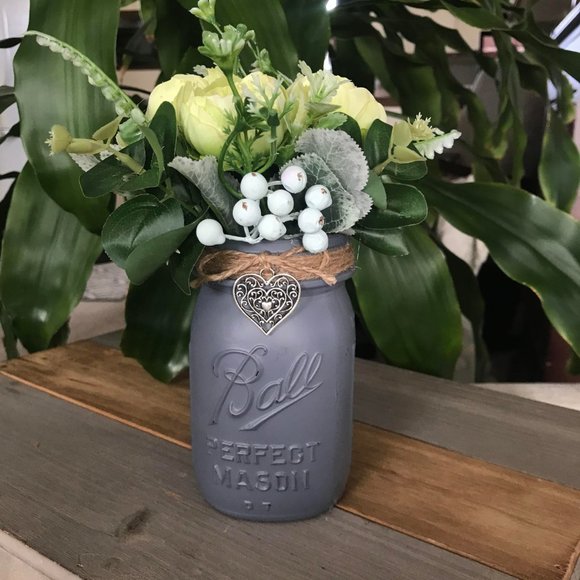 Handmade Light Green Floral Arrangement in Charcoal Gray Ball Mason Jar - Picture 2 of 7